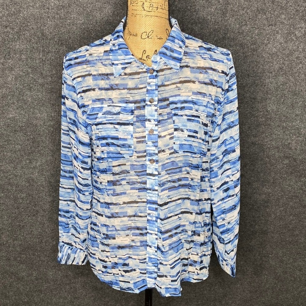 Two by Vince Camuto Blue Abstract Stripe Button Down Blouse Petite Medium PM